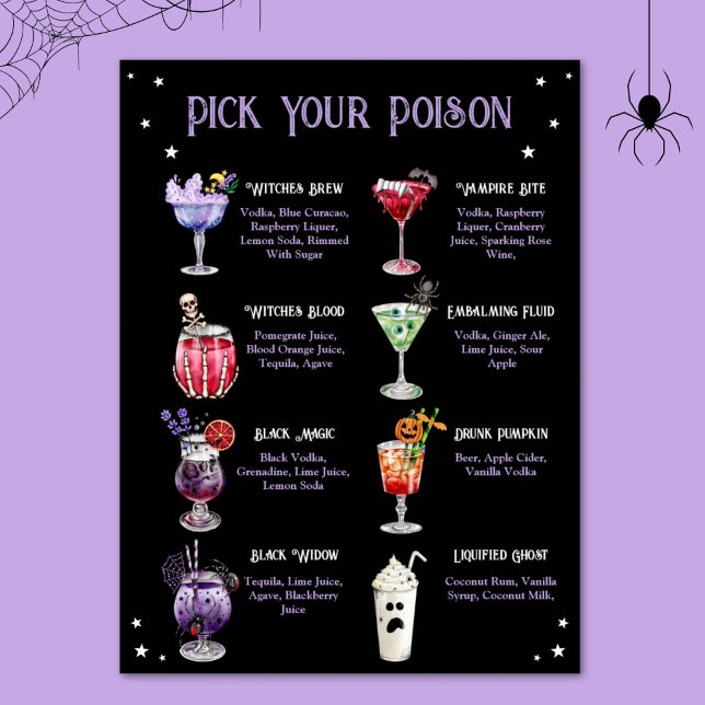 Poster Escolha seu menu coquetel do veneno no dia das bru (Pick Your Poison Halloween Cocktail Menu Poster)