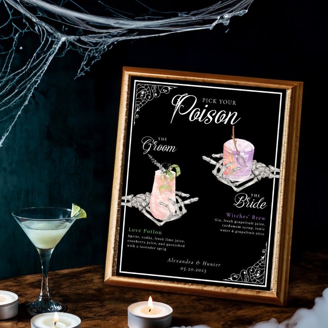 Poster Escolha sua noiva de esqueleto venenosa e coquetéi (Pick Your Poison Skeleton Bride & Groom Cocktails Poster)