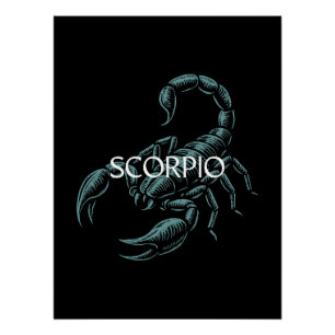 Pôster Escorpião Zodíaco – Escorpião Vintage em Azul Turq