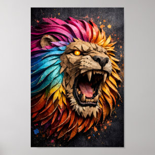 Poster Escultura de Leão Arco-íris Rugindo em Papel Arte