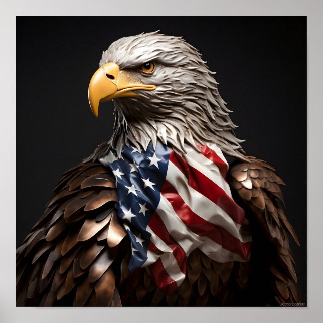 Poster Escultura metálica Bald Eagle com bandeira america (Frente)