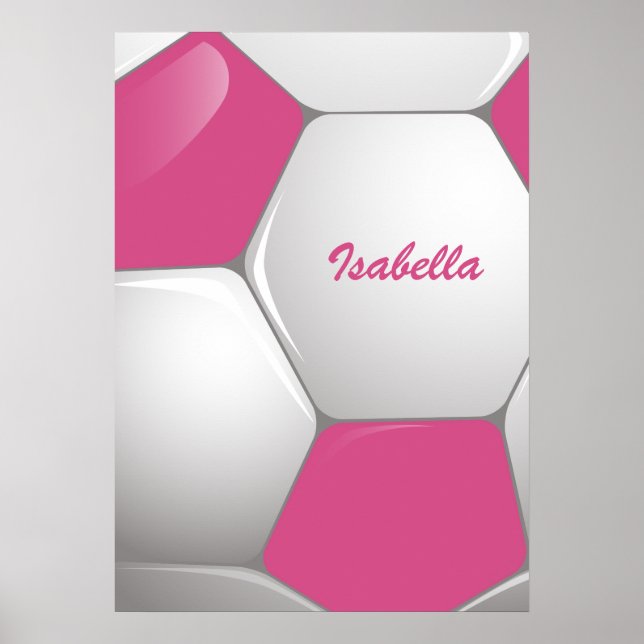 Poster Esfera de Futebol Personalizável, Rosa e Branco (Frente)