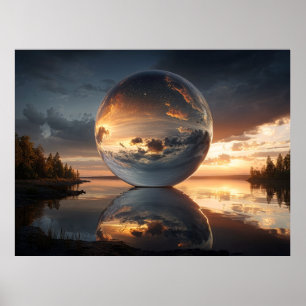 Poster Esfera Reflexiva Surreal com Nuvens de Pôr do Sol