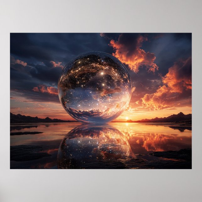 Poster Esfera Reflexiva Surreal Contendo Estrelas (Frente)