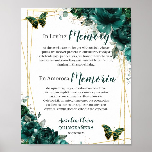 Poster Esmeralda Verde Floral Quinceanera Em Memória Amor (Frente)