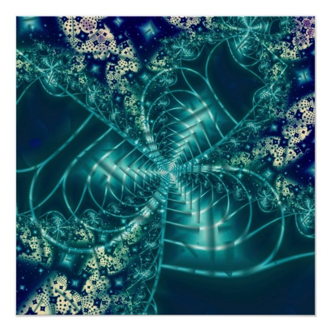 Pôster Espaço | Arte Fractal Azul e Branca (Frente)