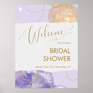 Poster Espaço Dourado Roxo de Aquarela Boas-Vindas Chá de