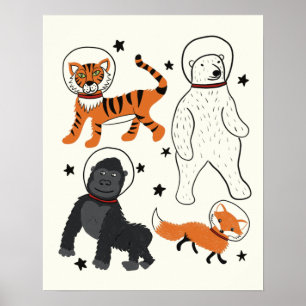 Poster Espaço é Ilustração de Astronautas Animais Selvage