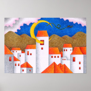 Poster Espaço estranho, uma cidade da lua crescente.