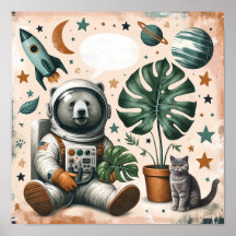 Espaço Explorer Bear e Cat Kids Room Wall Art