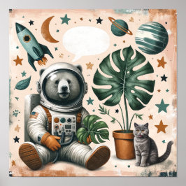 Poster Espaço Explorer Bear e Cat Kids Room Wall Art