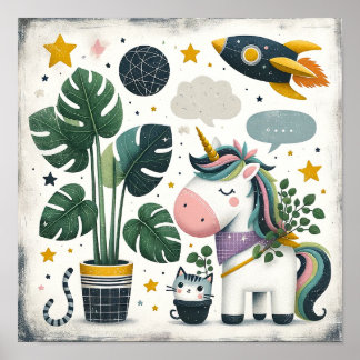Poster Espaço Explorer Unicorn com gatinhos