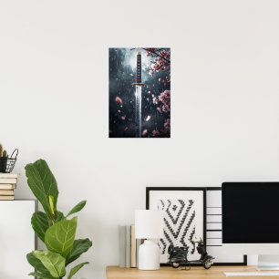 Poster Espada de Katana com Flores Sakura na Chuva