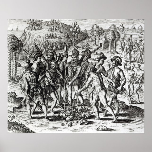 Pôster Espanhóis recebendo presentes de índios (Frente)