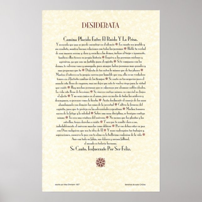 Pôster Espanhol DESIDERATA Poster=Max Ehrmann=Pergaminho (Frente)