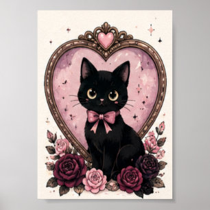 Poster Espelho Vintage Rosa Gato Preto Halloween