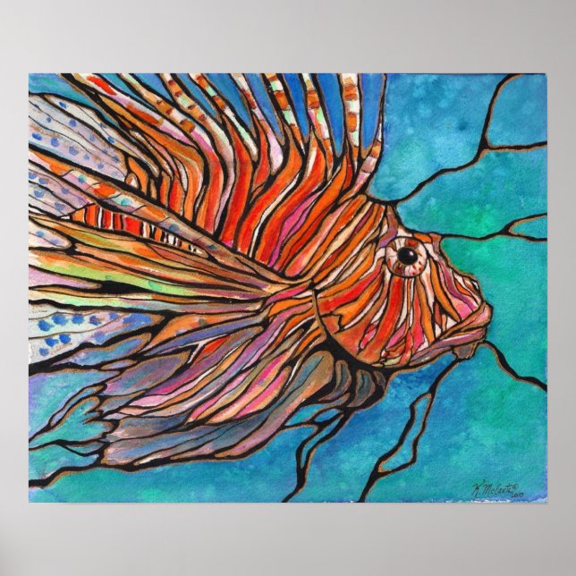 Poster Espetacular Lionfish "Estilo de Vidro Mantido" Art (Frente)