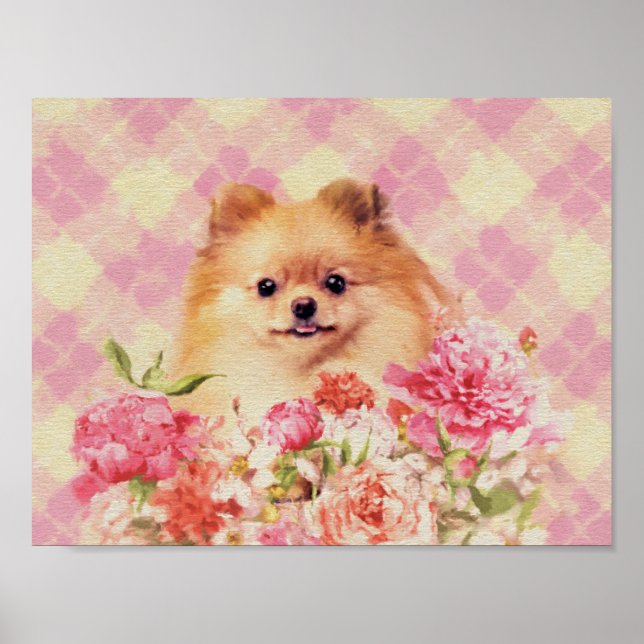 Poster Espião alemão Pomeraniano bonito com flores (Frente)
