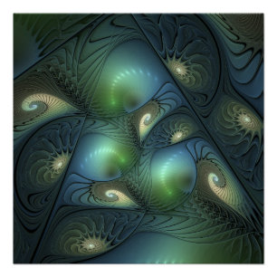 Pôster Espirais Beige Turquesa Verde Abstrato Arte Fracta
