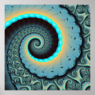Poster Espiral de Arte Fractal Laranja abstrato azul Turq