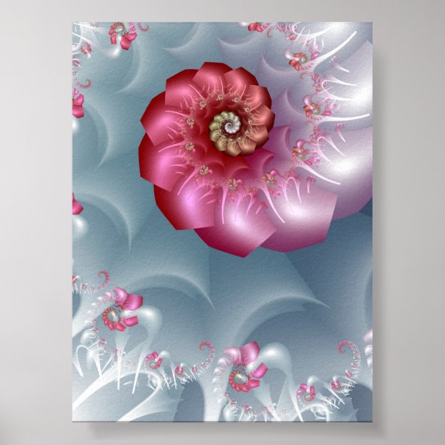 Poster Espiral Fractal Rosa de Prata em Rosa e Cinza (Frente)