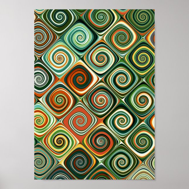 Poster Espiral Geométrica Abstrata Verde e Laranja Xadrez (Frente)