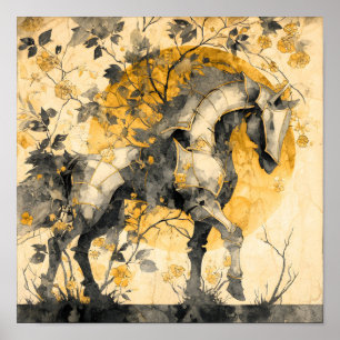 Poster Espírito Botânico Vintage Cavalo Branco Flores Vin