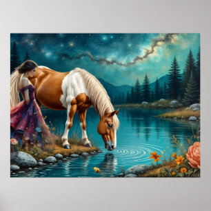 Poster Espírito de Mulher e um cavalo Palomino na Água