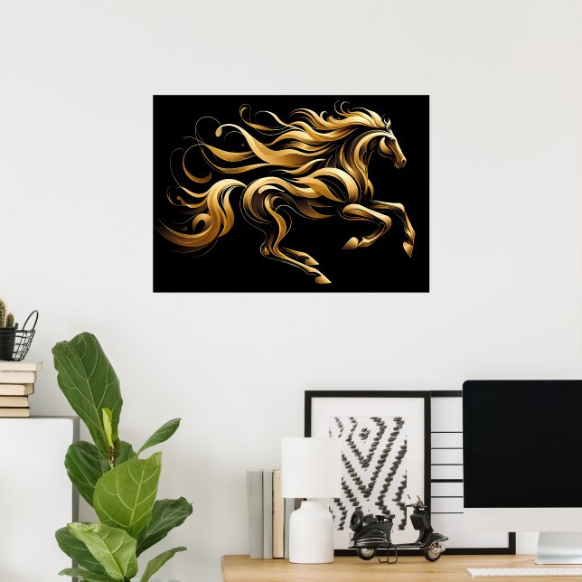 Poster Espírito Dourado – Cavalo Abstrato em Movimento (Escritório em casa)