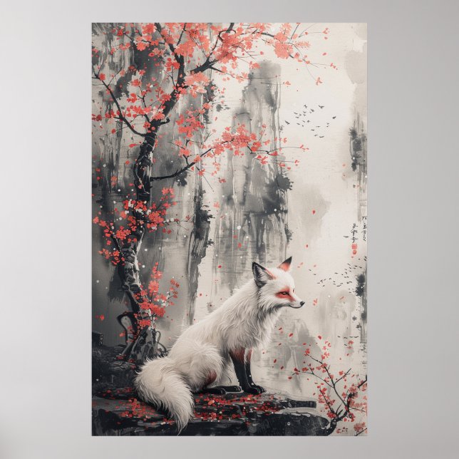 Poster Espírito Kitsune – Raposa Japonesa no Bosque em Fl (Frente)