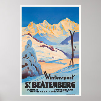 Poster Esportes de Inverno em Beatenberg Suíça Vintage