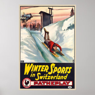 Poster Esportes de Inverno na Suíça Cartaz Antigo de Esqu
