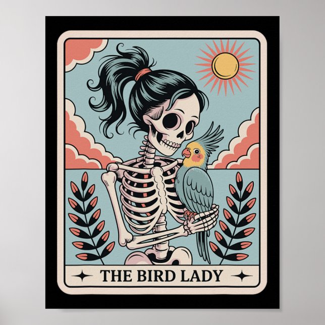 Poster Esqueleto Carta de Tarot da Senhora do Pássaro Esq (Frente)