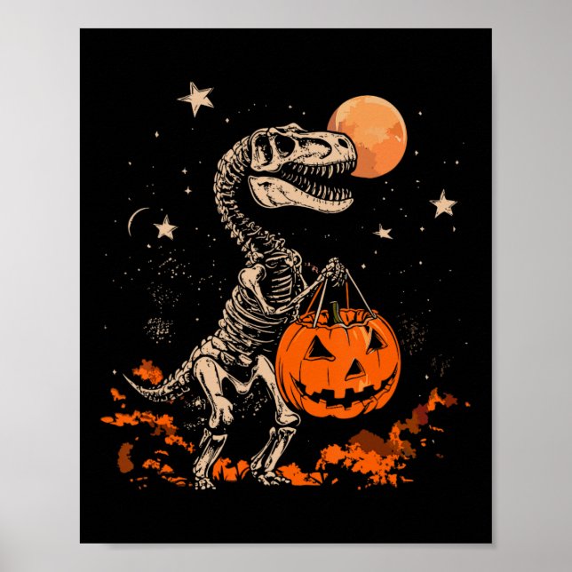 Poster Esqueleto de Dinossauro Assustador Abóbora Lua Dia (Frente)