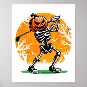 Poster Esqueleto de Golfe de Halloween Golfer Abóbora Hal
