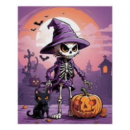 Pôster esqueleto de Halloween com gato preto e abóbora