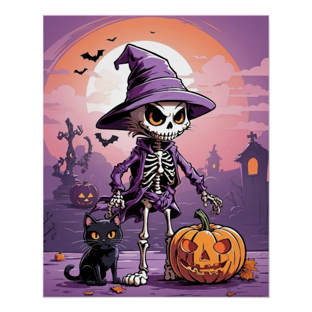Pôster esqueleto de Halloween com gato preto e abóbora (Frente)