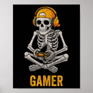 Poster Esqueleto de Halloween Gamer Vídeo Jogos Engraçado