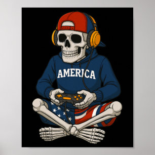 Poster Esqueleto de Halloween Gamer Vídeo Jogos Engraçado