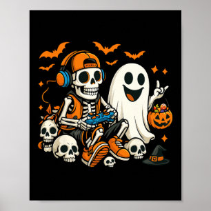 Poster Esqueleto de Halloween Gamer Vídeo Jogos Fantasma 