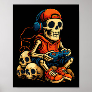 Poster Esqueleto de Halloween Gamer Vídeo Jogos Fantasma