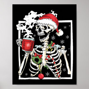 Poster Esqueleto De Natal Com Bebendo Crânio Sorridente C