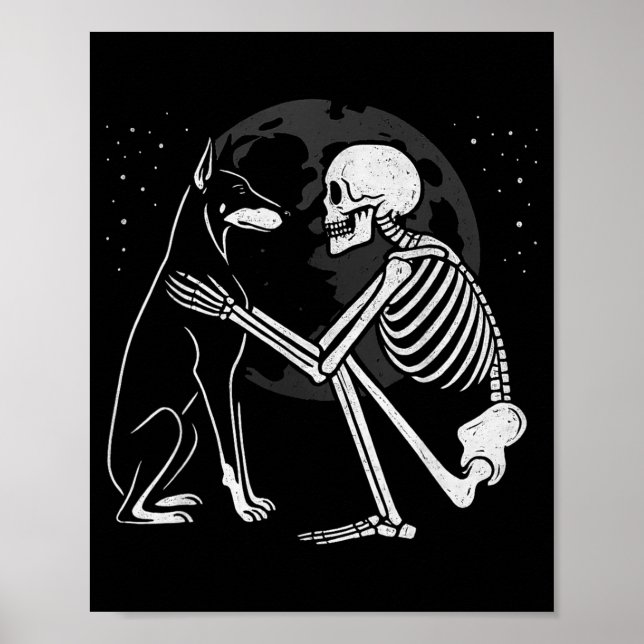 Poster Esqueleto de Pinscher Dobermann Lua Halloween Cach (Frente)