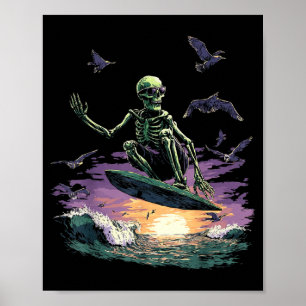 Poster Esqueleto de Surf Retrô Surfista Montando Onda Pôr