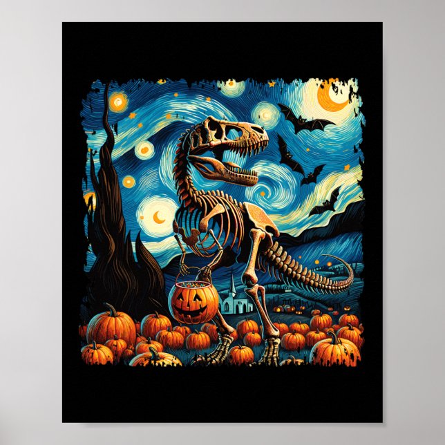 Poster Esqueleto de T-rex Halloween Van Gogh Noite Estrel (Frente)
