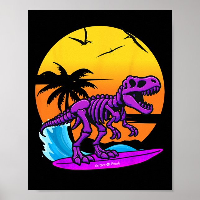 Poster Esqueleto de T-rex Surfando Neon Com Retrospectiva (Frente)