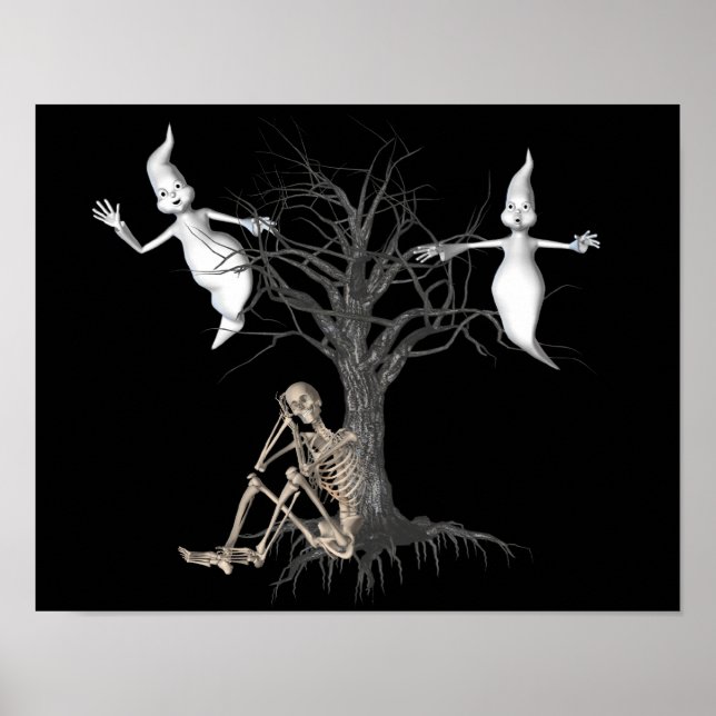 Pôster Esqueleto Engraçado E Fantasmas Halloween (Frente)