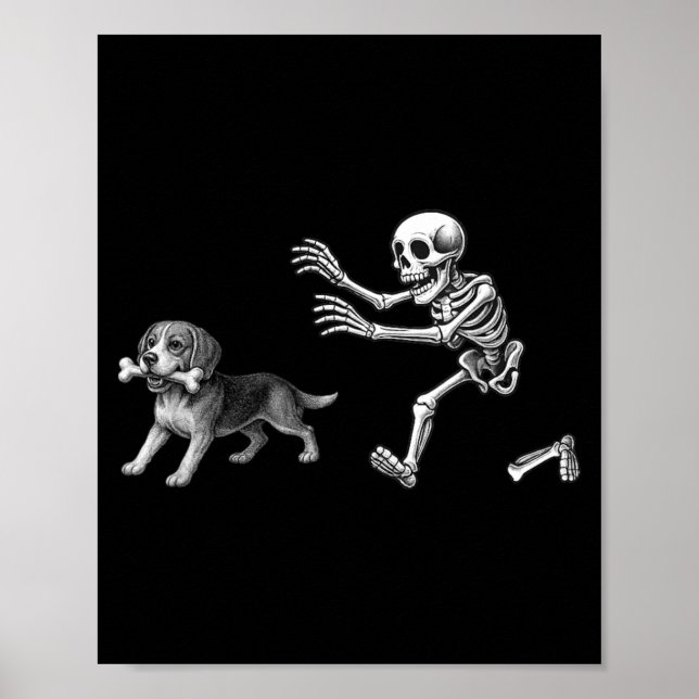 Poster Esqueleto Engraçado Perseguindo Cachorro Beagle Cã (Frente)