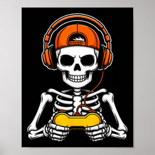 Poster Esqueleto Gamer Funny Halloween Controle de Jogos 
