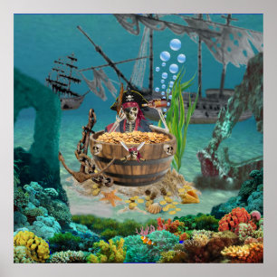 POSTER ESQUELETO PIRATA EM UM BARRIL